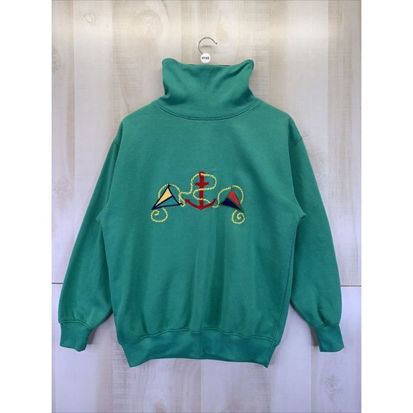 Vintage Sports Accent Womens Green Nautical Embroidered Trurtle Neck Sweatshirt - Picture 2 of 8
